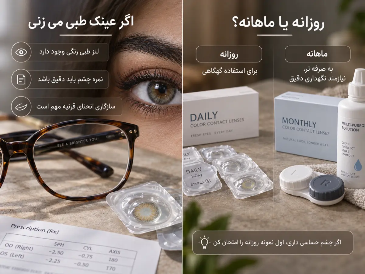 مقایسه لنز طبی رنگی و لنز رنگی روزانه و ماهانه